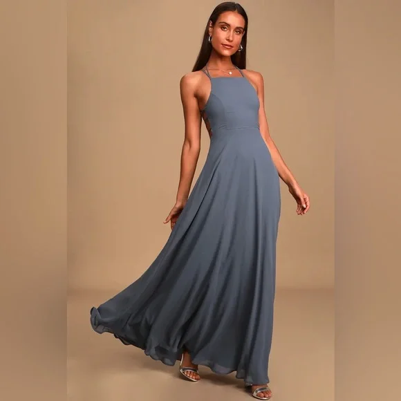 Lulus Strappy To Be Here Denim Blue Lace-Up Maxi Dress - Picture 2 of 3